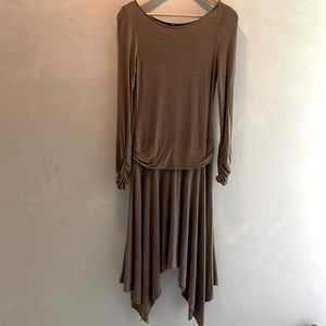 BCBGMaxAzria tan heather knit dress, midi length, handkerchief him. Size small
